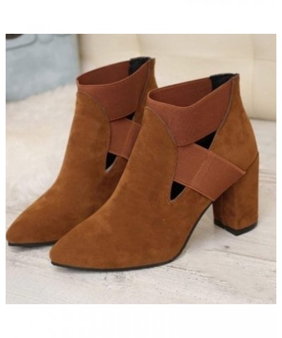 Women Comfortable High Chunky Heeled Slip-on Suede Ankle-Boots Cutout Pointy Toe Original Short Boots Shoes for Dating Brown ...