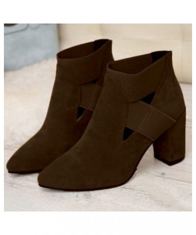 Women Comfortable High Chunky Heeled Slip-on Suede Ankle-Boots Cutout Pointy Toe Original Short Boots Shoes for Dating Brown ...