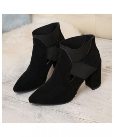 Women Comfortable High Chunky Heeled Slip-on Suede Ankle-Boots Cutout Pointy Toe Original Short Boots Shoes for Dating Brown ...