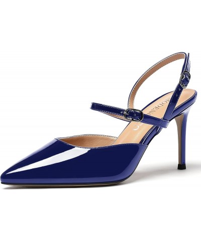 Women's Patent Leather Pointed Toe Two Buckle Strap Slingback Stiletto High Heel Pumps Evening Party Shoes 3.5 Inch Royal Blu...