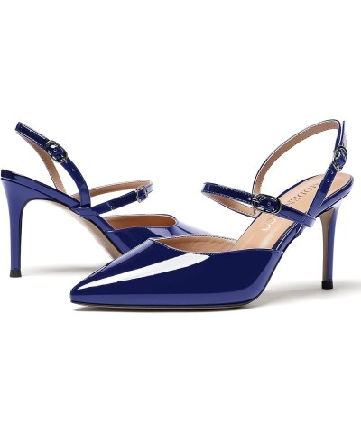 Women's Patent Leather Pointed Toe Two Buckle Strap Slingback Stiletto High Heel Pumps Evening Party Shoes 3.5 Inch Royal Blu...