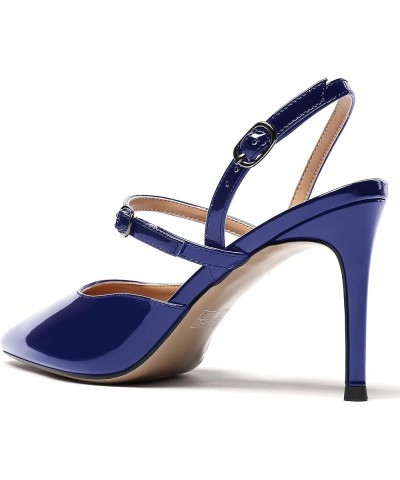 Women's Patent Leather Pointed Toe Two Buckle Strap Slingback Stiletto High Heel Pumps Evening Party Shoes 3.5 Inch Royal Blu...