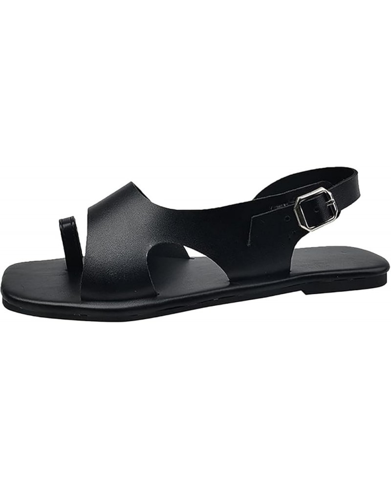 Sandals for Women Dressy Summer,Womens Round Toe Ankle Strap Hollow Out Thong Flip Flops Slip On Walking Flat Sandals Black $...