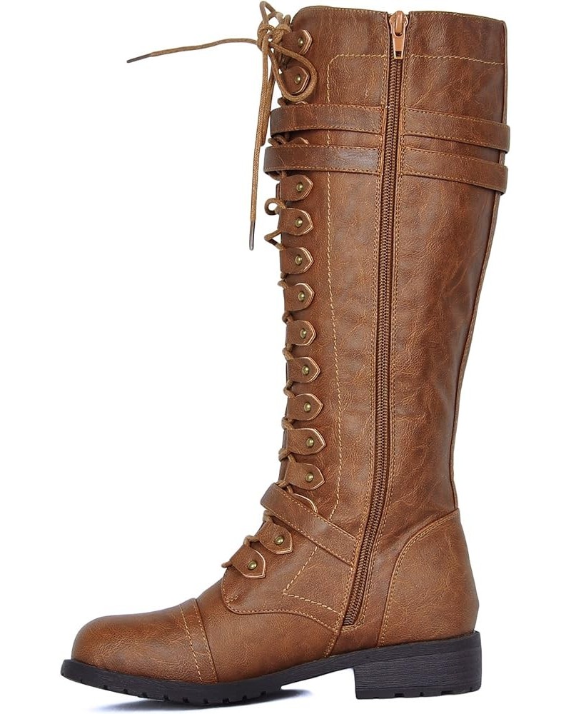 WEST COAST Women's Knee High Riding Boots Lace Up Buckles Winter Combat Boots Tan $20.68 Boots