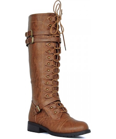 WEST COAST Women's Knee High Riding Boots Lace Up Buckles Winter Combat Boots Tan $20.68 Boots