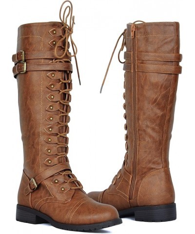 WEST COAST Women's Knee High Riding Boots Lace Up Buckles Winter Combat Boots Tan $20.68 Boots