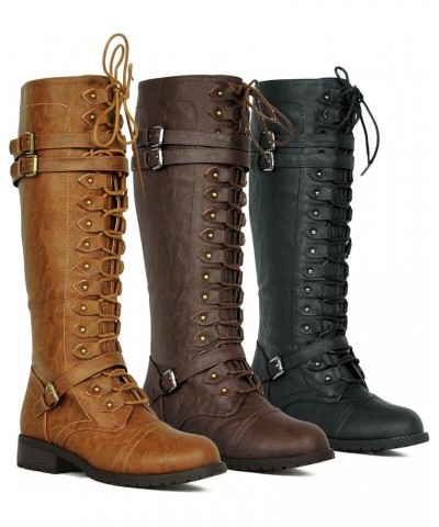 WEST COAST Women's Knee High Riding Boots Lace Up Buckles Winter Combat Boots Tan $20.68 Boots