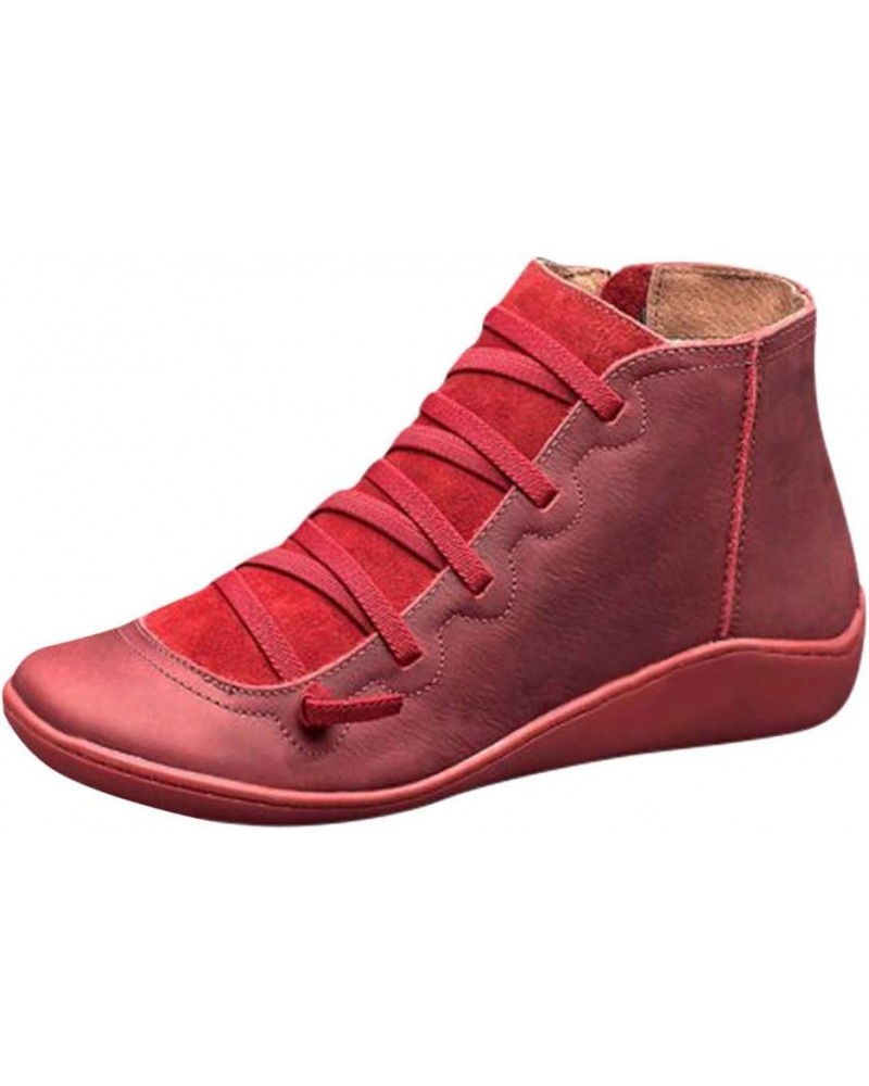 Brown Heel Boots for Women Leather Round Casual Lace-up Women's Boots Shoe Side Boots for Women with Heel Red (Red, 6.5-7) Re...