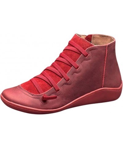 Brown Heel Boots for Women Leather Round Casual Lace-up Women's Boots Shoe Side Boots for Women with Heel Red (Red, 6.5-7) Re...