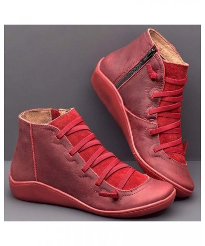 Brown Heel Boots for Women Leather Round Casual Lace-up Women's Boots Shoe Side Boots for Women with Heel Red (Red, 6.5-7) Re...