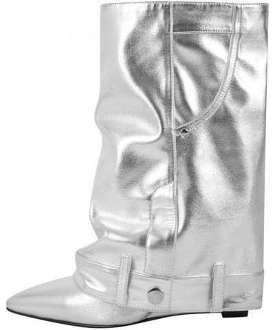 Women's Pointed Toe Wedge Heel Mid Calf Boots Fold Down Short Booties Silver $28.55 Boots