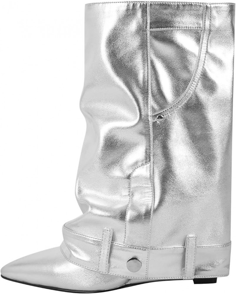 Women's Pointed Toe Wedge Heel Mid Calf Boots Fold Down Short Booties Silver $28.55 Boots