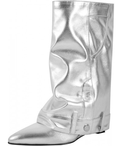 Women's Pointed Toe Wedge Heel Mid Calf Boots Fold Down Short Booties Silver $28.55 Boots