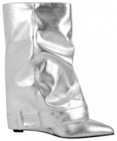 Women's Pointed Toe Wedge Heel Mid Calf Boots Fold Down Short Booties Silver $28.55 Boots