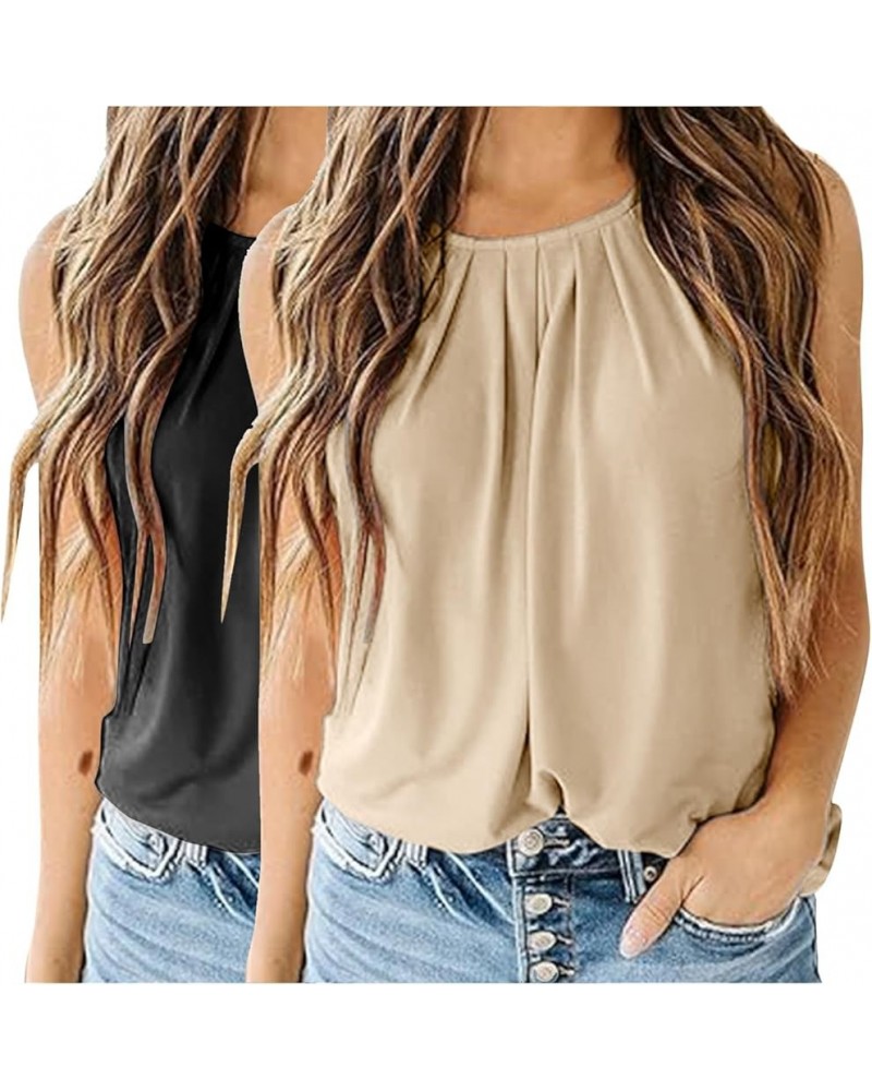 Womens Chiffon Tank Tops 2 Pack Crewneck Sleeveless Shirts Ruched Double Layered Blouse Keyhole Back Basic Tunic Black+beige ...