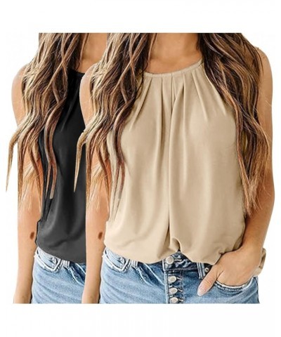 Womens Chiffon Tank Tops 2 Pack Crewneck Sleeveless Shirts Ruched Double Layered Blouse Keyhole Back Basic Tunic Black+beige ...