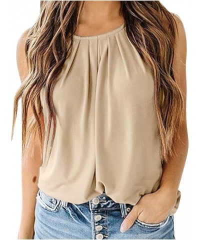 Womens Chiffon Tank Tops 2 Pack Crewneck Sleeveless Shirts Ruched Double Layered Blouse Keyhole Back Basic Tunic Black+beige ...