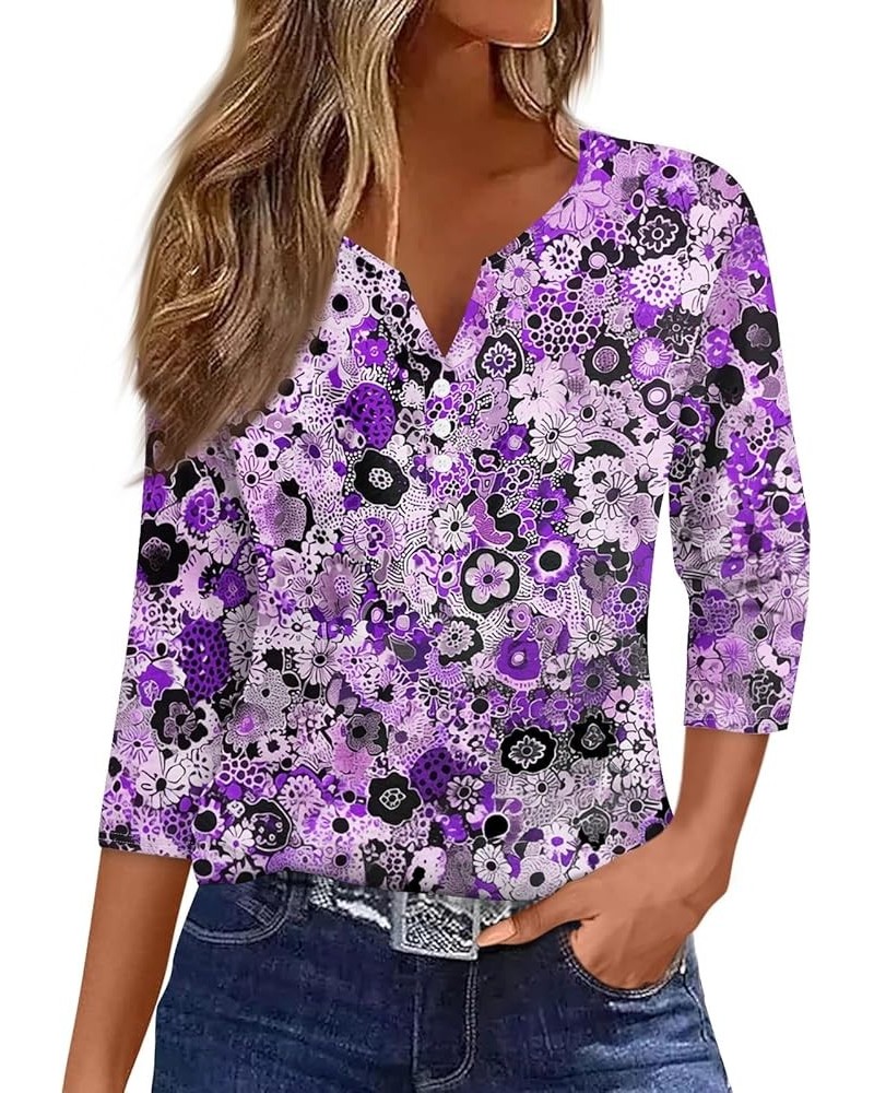 Womens 3/4 Sleeve Tops and Blouses Button Down V Neck Shirts Printed Summer Tshirt Casual Loose Dressy Tunic Tops 4-light Pur...