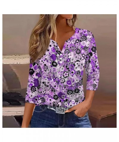 Womens 3/4 Sleeve Tops and Blouses Button Down V Neck Shirts Printed Summer Tshirt Casual Loose Dressy Tunic Tops 4-light Pur...