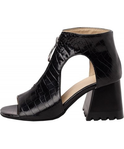 Women Gladiator Hollowed Sandals with Front Zippers and Mid Chunky Heels Black $28.10 Sandals