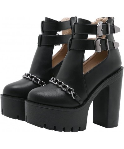 Womens Cutout Ankle Boots Chains Goth Buckle Platform Chunky High Heel Boots,size 9 Black $29.75 Boots