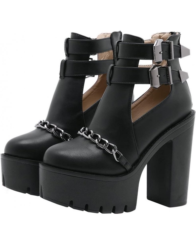 Womens Cutout Ankle Boots Chains Goth Buckle Platform Chunky High Heel Boots,size 9 Black $29.75 Boots