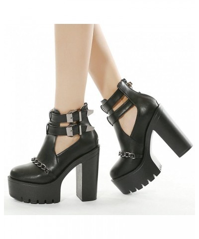 Womens Cutout Ankle Boots Chains Goth Buckle Platform Chunky High Heel Boots,size 9 Black $29.75 Boots