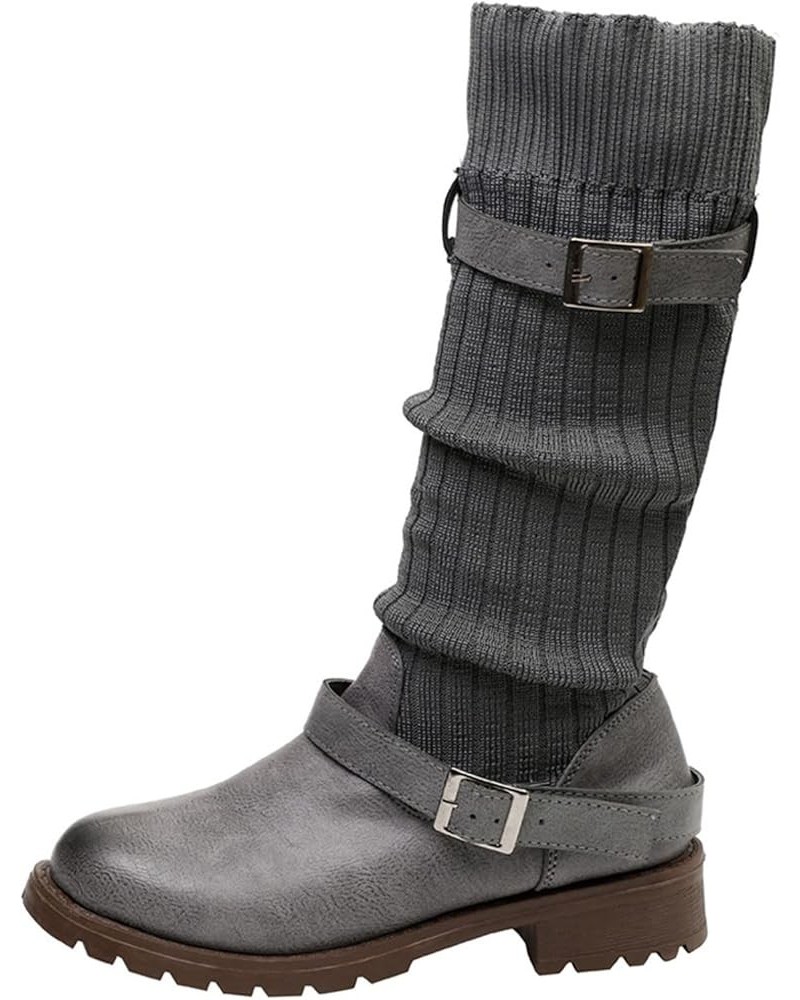 Cowboy Boots for Women Knitting Breathable Mid-Calf Boots Fashion Low Chunky Heel Anti-Slip Knee High Boots Women Grey $17.21...