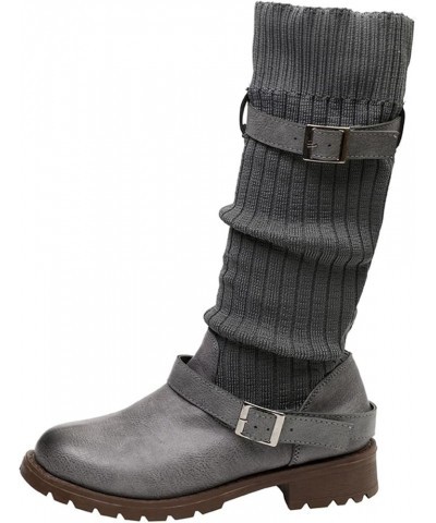 Cowboy Boots for Women Knitting Breathable Mid-Calf Boots Fashion Low Chunky Heel Anti-Slip Knee High Boots Women Grey $17.21...