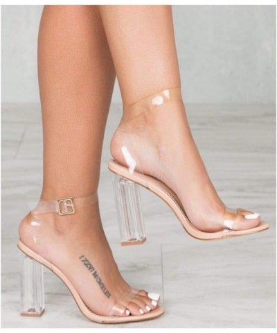 Maria-7 SELLER Lucite Clear Perspex Glitter Block Heel Sandals Black Nude Clear Strap $14.65 Sandals