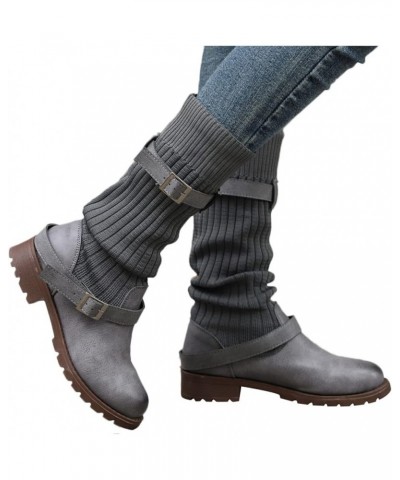 Cowboy Boots for Women Knitting Breathable Mid-Calf Boots Fashion Low Chunky Heel Anti-Slip Knee High Boots Women Grey $17.21...