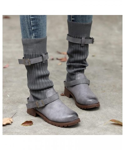 Cowboy Boots for Women Knitting Breathable Mid-Calf Boots Fashion Low Chunky Heel Anti-Slip Knee High Boots Women Grey $17.21...