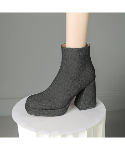 Women Booties Square Toe Shoes Jean Blue Short Boots High Heel Platform Shoes Spring Fall Ankle Boots Black Size 5-10 Black $...