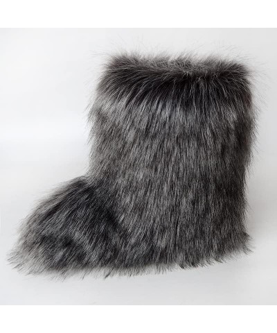 Snow Boots for Women 2023 Furry Boots Winter Knee High Flat Heel Fluffy Faux Fur Boots Gray With Brown $33.32 Boots