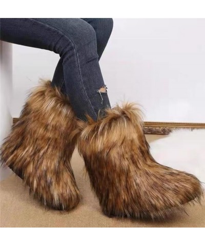 Snow Boots for Women 2023 Furry Boots Winter Knee High Flat Heel Fluffy Faux Fur Boots Gray With Brown $33.32 Boots