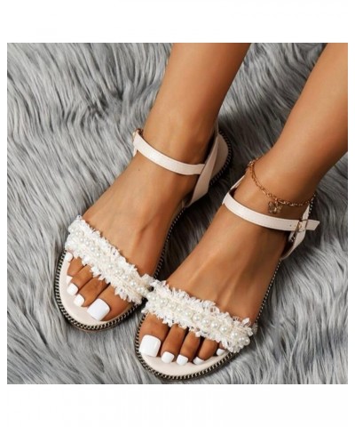 Ladies Fashion Summer Solid Color Cloth Pearl Decoration Open Toe Buckle Flat Sandals Slide on Sandals for Women (Black, 7) 7...