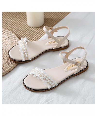 Ladies Fashion Summer Solid Color Cloth Pearl Decoration Open Toe Buckle Flat Sandals Slide on Sandals for Women (Black, 7) 7...