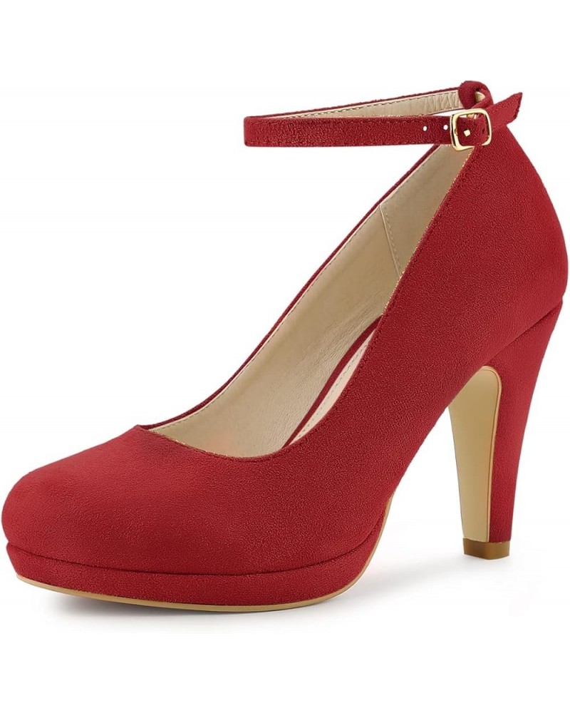 Women's Round Toe Stiletto Heel Ankle Strap Pumps Red $21.62 Pumps