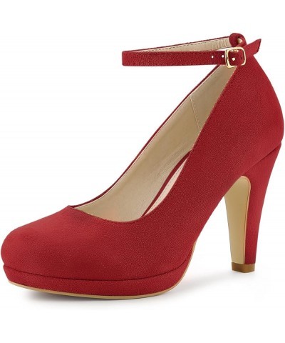 Women's Round Toe Stiletto Heel Ankle Strap Pumps Red $21.62 Pumps