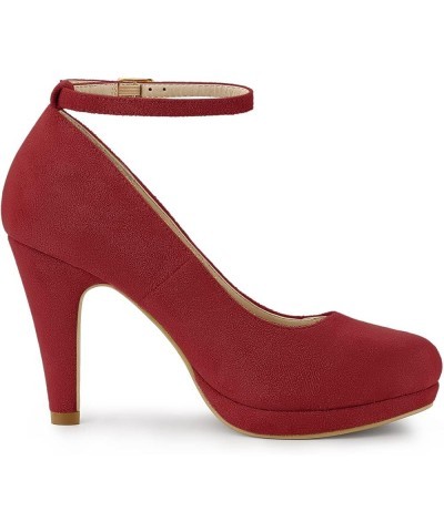 Women's Round Toe Stiletto Heel Ankle Strap Pumps Red $21.62 Pumps