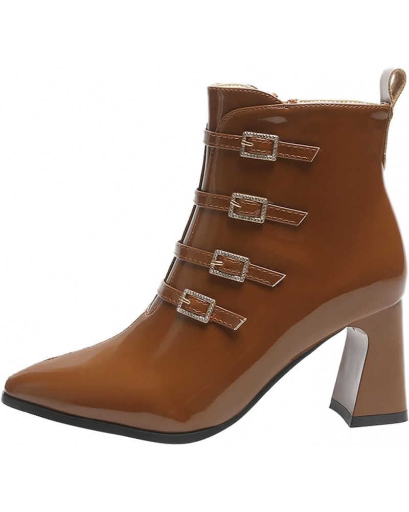 Side Buckle Boots Short Toe Pointed Zipper Women's Leather High Heeled White Booties Women Ankle Boots (Brown, 7.5) $25.01 Boots