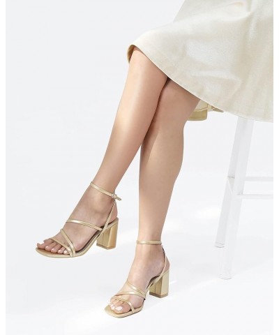 Strappy Heels for women Block Heels Square Toe Chunky Ankle Buckle Pump Heeled Sandals Gold $13.24 Sandals