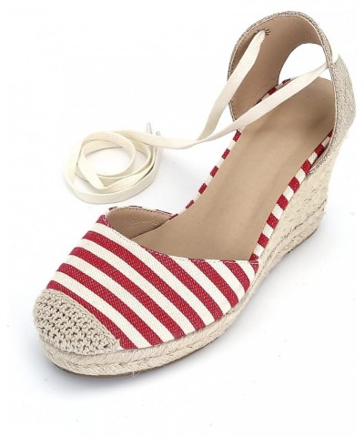 Women Strip Shoes Wedge Sandals Spring Summer Bandage Cross Strap Dress Shoes (7.5,Red&White) $22.80 Sandals