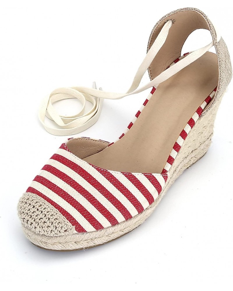 Women Strip Shoes Wedge Sandals Spring Summer Bandage Cross Strap Dress Shoes (7.5,Red&White) $22.80 Sandals