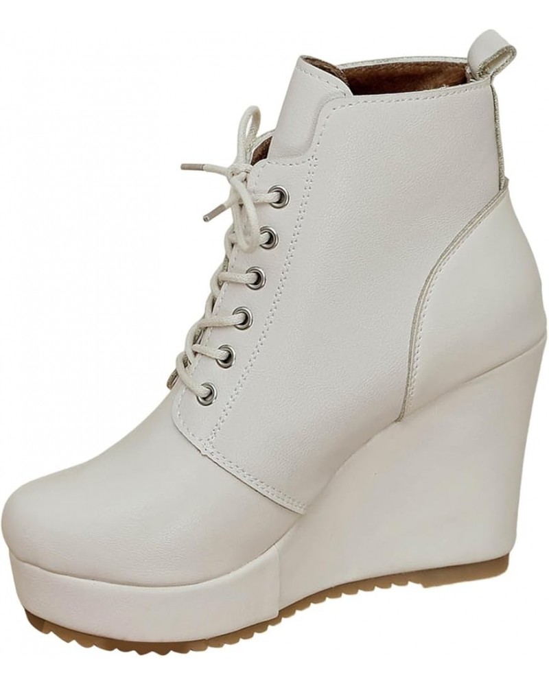 Leather Boots for Women Snow Cotton Casual Warm Short Biker Boots Side Zipper Ankle Rain Boots D White $22.43 Outdoor Shoes