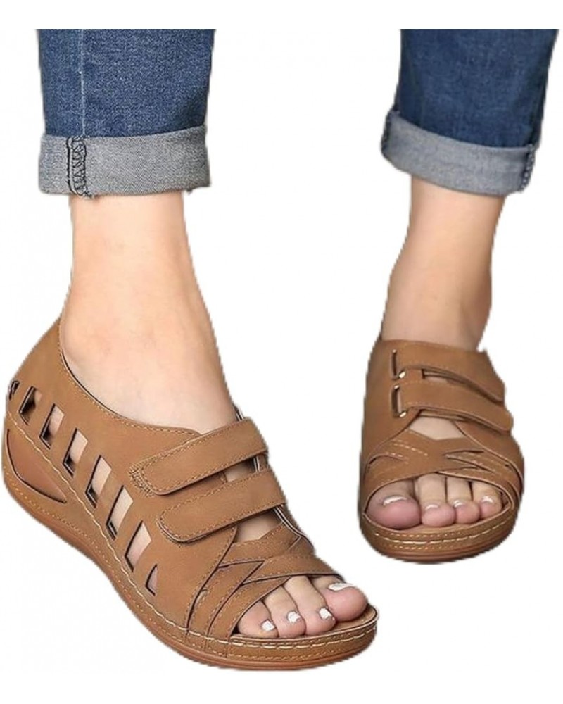 Casual Sandals Women 2021 Summer Hollow Simple All-Match Women's Sandals Comfortable Slope with Retro Sandals Women Brown 9 B...