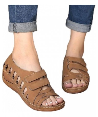 Casual Sandals Women 2021 Summer Hollow Simple All-Match Women's Sandals Comfortable Slope with Retro Sandals Women Brown 9 B...