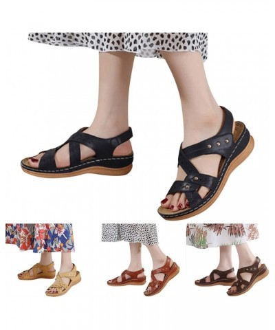 Women Vintage Leather Crisscross Bands Wedge Sandals Summer Non Slip Hollow Back Beach Sandals Solid Color Slip 6.5 Khaki $16...