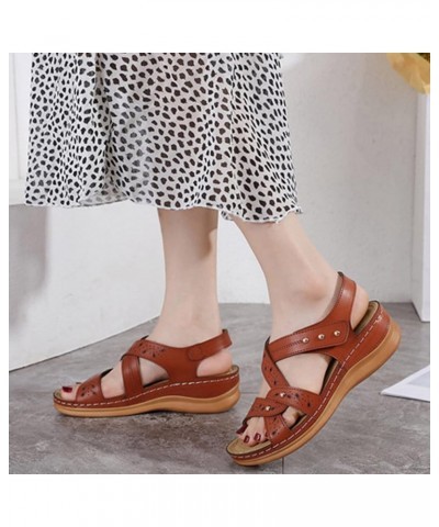 Women Vintage Leather Crisscross Bands Wedge Sandals Summer Non Slip Hollow Back Beach Sandals Solid Color Slip 6.5 Khaki $16...