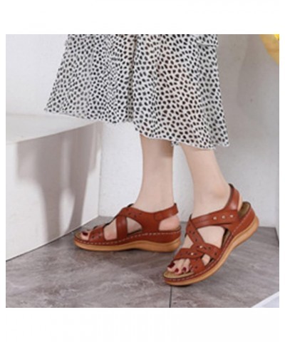 Women Vintage Leather Crisscross Bands Wedge Sandals Summer Non Slip Hollow Back Beach Sandals Solid Color Slip 6.5 Khaki $16...